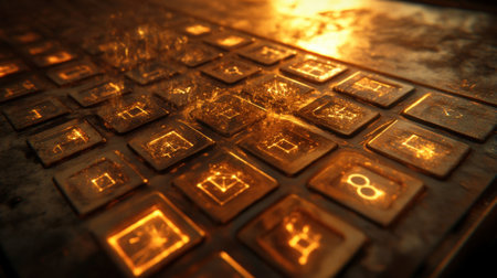 Close-up view of a keyboard illuminated by warm light, featuring striking sparks. This artistic image captures technology and creativity in a unique way.の素材