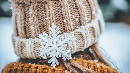 A cozy winter scene features a knitted hat adorned with a snowflake resting on soft, styled hair. Light snow adds a serene touch to the atmosphere.の素材