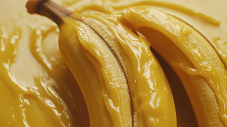 A close-up view of fresh bananas covered in a smooth yellow sauce, highlighting the vibrant colors and textures perfect for culinary use or food photography.の素材