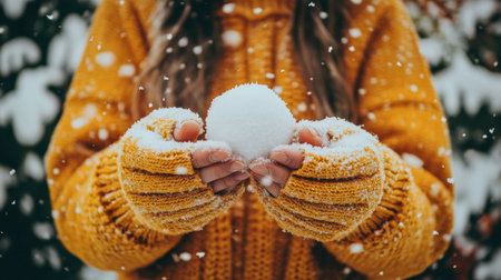 A cozy scene featuring hands in knitted gloves holding a snowball amidst falling snow, capturing the joy and beauty of wintertime play and outdoor fun.の素材