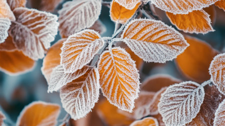 Stunning close-up of frosted leaves showcasing orange hues against a winter backdrop. Captures the beauty of nature in a cold season.の素材