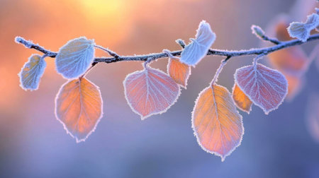 Beautiful frosted leaves on a delicate branch illuminated by soft morning light, creating a serene and vibrant winter atmosphere in nature.の素材