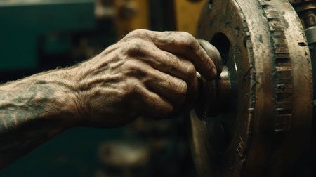 A close-up view of a skilled hand adjusting a machine gear in a workshop setting. The image highlights the craftsmanship and focus involved in manual labor.の素材