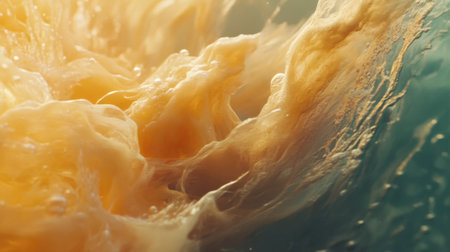 This abstract image captures the dynamic motion of ocean waves in stunning golden tones, showcasing the beauty and energy of water in an artistic manner.の素材