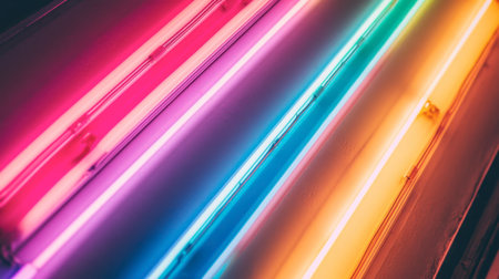 Capture the vibrant energy of colorful neon lights illuminating a space with a modern aesthetic. Perfect for backgrounds or artistic projects.の素材