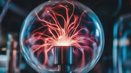 A stunning electric plasma sphere exhibiting vibrant energy arcs, capturing the dynamic interaction of electricity and beauty in a modern scientific setting.の素材