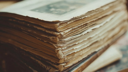 A close-up of an antique book stack, showcasing worn pages and intricate textures that reflect its rich history and timeless charm. Perfect for literary themes.の素材