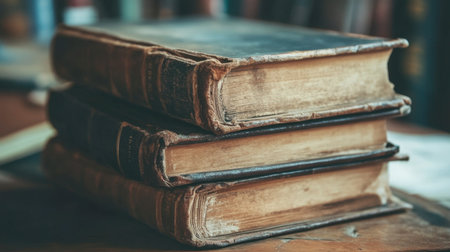 A stack of vintage books resting on a wooden table, showcasing their worn covers and spines. This setting evokes a sense of history and nostalgia for literature lovers.の素材