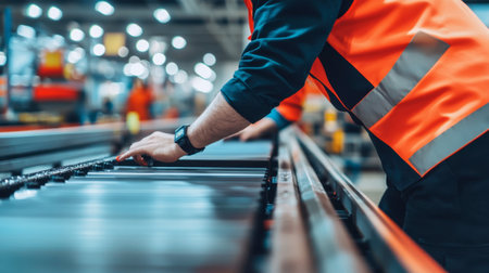 A focused worker in an orange safety vest engages with materials on the production line, showcasing the dedication and precision of modern manufacturing environments.の素材