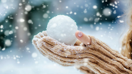 A warm hand holds a perfect snowball against a snowy backdrop. Snowflakes gently fall, creating a magical winter scene. Ideal for capturing winter joy.の素材