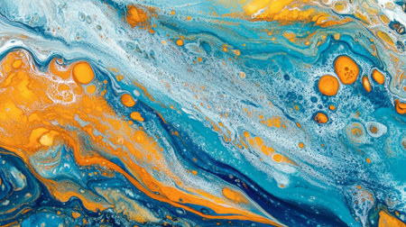 This vibrant abstract fluid art features swirling shades of blue and orange, creating a mesmerizing visual experience. Ideal for artistic backgrounds and designs.の素材