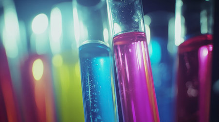 A vivid collection of colorful test tubes filled with various liquids, showcasing experimentation and research in a modern laboratory setting.の素材