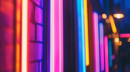 Colorful neon lights illuminate a brick wall, creating a vibrant and dynamic atmosphere perfect for urban photography, showcasing modern art and nightlife.の素材