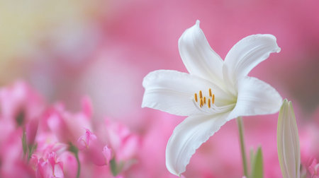 A stunning white lily stands gracefully against a soft pink background, showcasing delicate petals and inviting tranquility. Perfect for floral themes.の素材