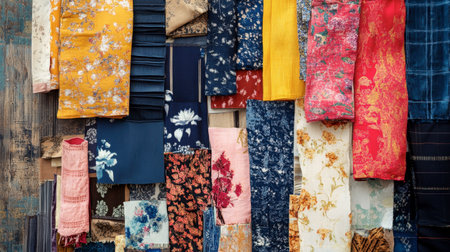 A vibrant display of colorful textiles showcasing various patterns and designs. This photo highlights the beauty and diversity of fabric craftsmanship, ideal for creative projects.の素材