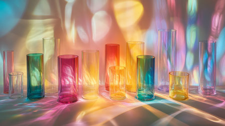 A vibrant arrangement of colorful glass vases showcasing beautiful reflections and soft light, perfect for modern decor and artistic displays.の素材