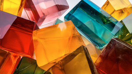 A vibrant assortment of colorful translucent blocks stacked creatively. Perfect for use in design projects, backgrounds, or artistic compositions.の素材