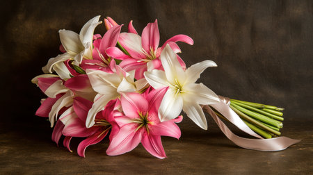A stunning arrangement showcasing vibrant pink and white lilies. This artistic bouquet captures the beauty of nature and adds elegance to any space.の素材