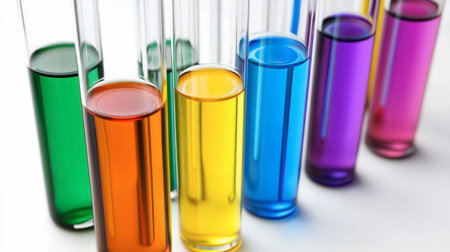A collection of colorful test tubes filled with various liquid solutions, showcasing the vibrancy and complexity of chemical experimentation in a laboratory setting.の素材