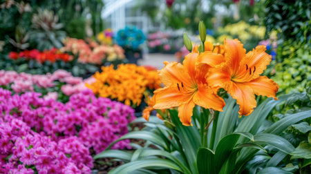 A stunning orange lily stands out in a vibrant garden filled with colorful flowers. This lively scene captures the beauty of nature's floral diversity.の素材