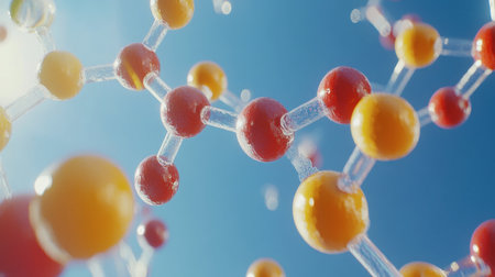 Vibrant and colorful molecular structure against a clear blue sky. This image captures the essence of scientific exploration and creativity in chemistry.の素材