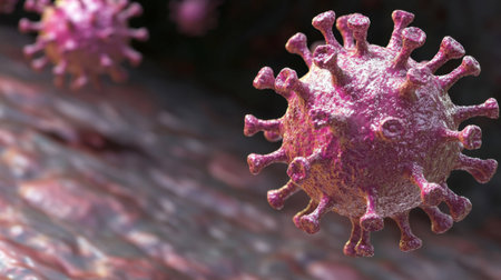 This vivid close-up image illustrates the structure of a virus. The vibrant colors highlight the intricate details of the virus, making it ideal for educational and scientific materials.の素材