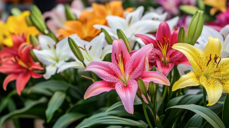 A stunning display of colorful lilies in various shades, showcasing the beauty of nature. Perfect for floral arrangements, gardens, and spring decor.の素材