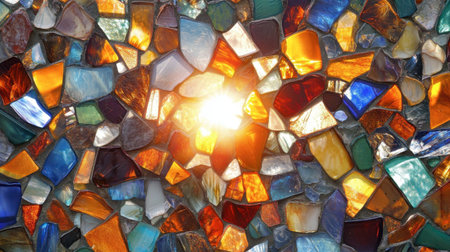 A stunning glass mosaic that captures sunlight, showcasing a vibrant array of colors and textures. Perfect for artistic or decorative projects.の素材