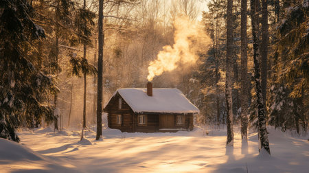 A picturesque cabin in a snowy forest, emitting warm smoke from its chimney. The serene winter landscape creates a tranquil atmosphere perfect for escape.の素材
