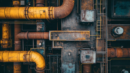Aerial view of a complex industrial pipe system featuring yellow and brown elements. This image showcases the intricate design and texture of machinery.の素材