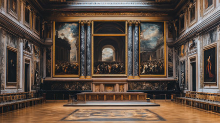 Explore a stunning art gallery interior showcasing grand paintings, ornate architecture, and elegant wooden floors. Ideal for cultural and artistic themes.の素材