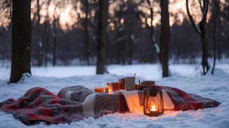Enjoy a serene winter picnic setup with a cozy blanket and warm lantern, nestled in a snow-covered forest, perfect for relaxation and togetherness.の素材