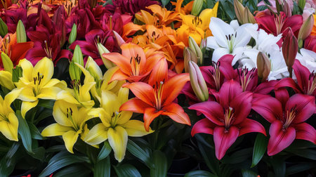A lively display of colorful lily flowers in various hues, showcasing nature's beauty. Perfect for gardening themes or floral arrangements.の素材