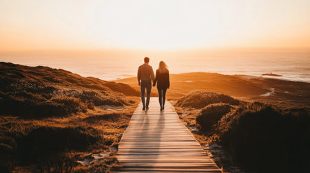 A couple walks hand-in-hand along a wooden pathway during a breathtaking sunset, capturing the essence of romance and tranquility amidst a stunning coastal landscape.の素材