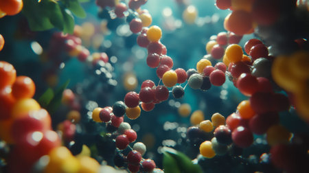 Vibrant representation of a molecular structure featuring colorful fruit-like elements. This abstract image evokes themes of nature and biology, emphasizing energy and growth.の素材