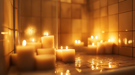 Enjoy a tranquil candlelit bath scene that creates a soothing atmosphere for relaxation and self-care. Perfect for spa and wellness themes.の素材