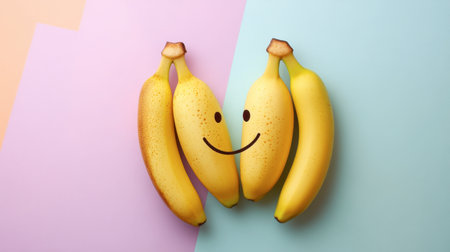 A playful arrangement of bananas forming a smiley face on a vibrant pastel background, evoking happiness and nutrition. Perfect for a cheerful theme!の素材