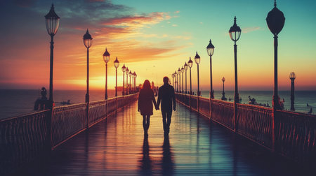 A serene silhouette of a couple walking hand in hand on a pier at sunset, surrounded by glowing lamps and vibrant skies, evoking romance and tranquility.の素材