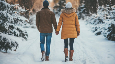 A couple walks hand-in-hand through a snowy forest, dressed in warm attire. The serene winter landscape creates a romantic backdrop perfect for showcasing love and togetherness.の素材