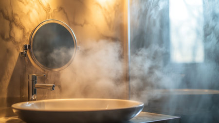 A serene bathroom scene featuring steam rising from a modern sink. The elegant decor and soft light create a tranquil atmosphere, perfect for relaxation.の素材