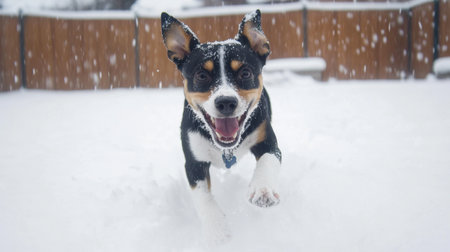 A joyful dog plays in a snowy landscape, capturing the essence of winter fun. This energetic scene showcases a happy pet enjoying the snow.の素材