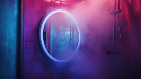 An atmospheric bathroom scene featuring a foggy mirror illuminated by vibrant neon lights. This colorful design creates a modern and serene ambiance perfect for relaxation.の素材