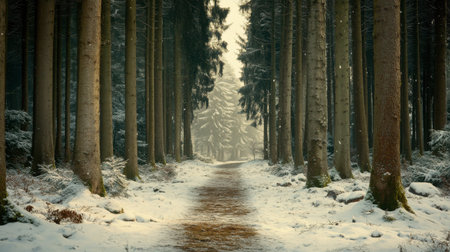 Experience the serene beauty of a winter forest path, surrounded by tall trees and gently falling snow, capturing the essence of tranquility and nature.の素材