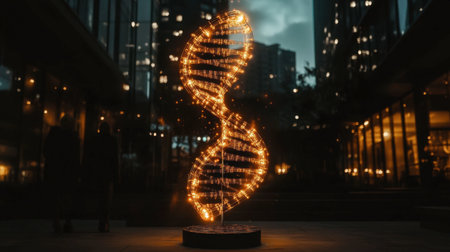 A stunning illuminated spiral sculpture shines in an urban setting, capturing the beauty of modern design against a twilight backdrop. Perfect for artistic themes.の素材