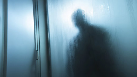 A mysterious figure is seen behind a foggy glass door, creating an eerie atmosphere. The soft light and shadow play evoke feelings of intrigue and solitude.の素材