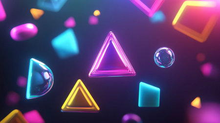 Vibrant geometric shapes in various colors and forms floating on a dark background, creating a visually striking and dynamic composition ideal for digital art and design projects.の素材