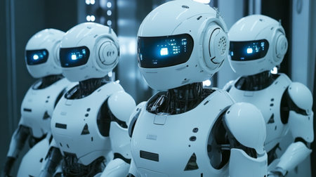 A collection of futuristic robots stands in a high-tech environment, showcasing advanced design and technology. Ideal for science and innovation themes.の素材