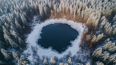Aerial view of a tranquil frozen lake surrounded by frosty pine trees in winter. The still water reflects the peaceful snowy landscape, offering a serene escape into nature.の素材