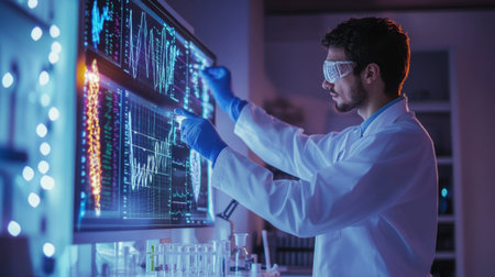 A scientist in a lab coat analyzes data on a high-tech screen, surrounded by laboratory equipment. The scene showcases innovation and professionalism in scientific research.の素材