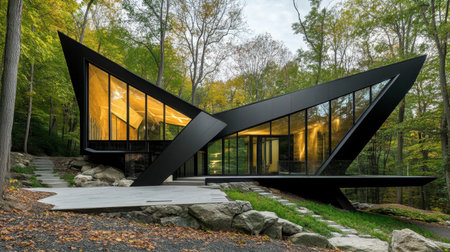 A striking modern black house blends seamlessly with its natural surroundings, showcasing an innovative design with angular structures and large glass panels.の素材